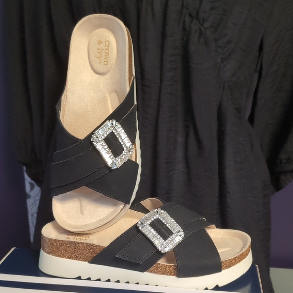 Crown & Ivy Black Sandals with Sparkling Buckle - Picture 1 of 7